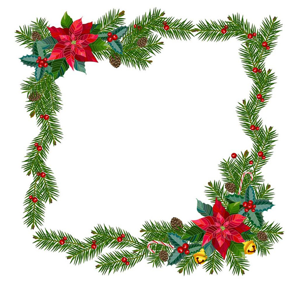 Marco cuadrado de Navidad de ramas de abeto y decoraciones. Ilustración vectorial. - Vector, imagen