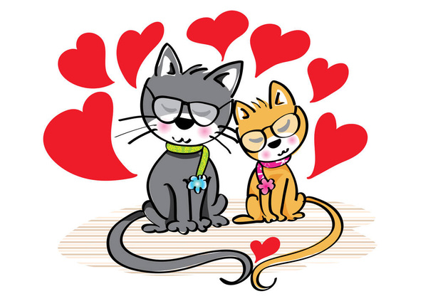 funny cartoon cats with hearts on white background - Vector, Image