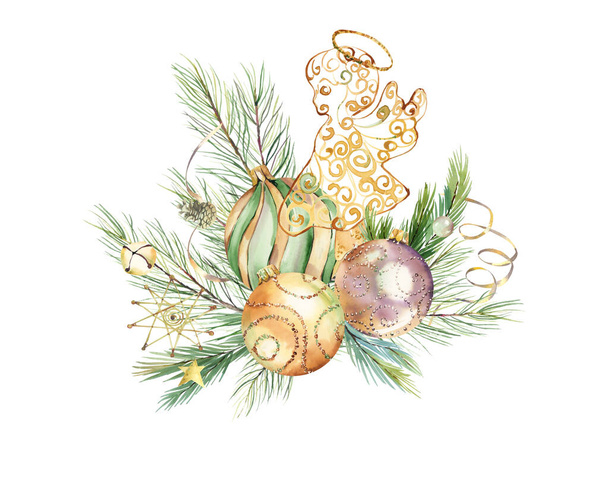 Aquarell Gold Weihnachtsdekor. Neujahrsgrußkarten. Goldene Weihnachtskugeln. Weihnachtsdeko aus Glas - Foto, Bild