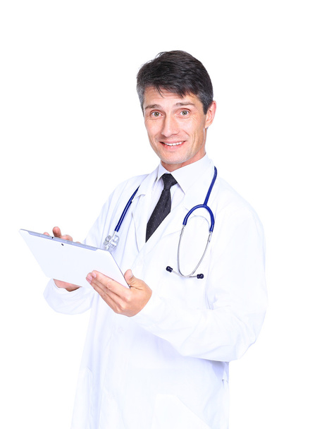 Portrait of confident young medical doctor on white background - Foto, Imagem