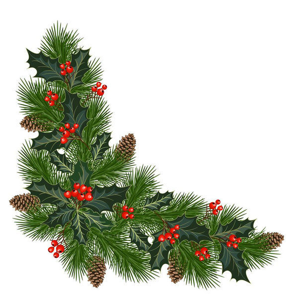 Christmas decorations with fir tree, pine cones, holly, berries and decorative elements. Design element for Christmas decoration. Vector illustration - Vector, Image