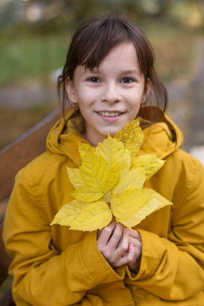 Cute girl in yellow coat sitting on the bench. The girl holds an armful of leaves - Foto, imagen