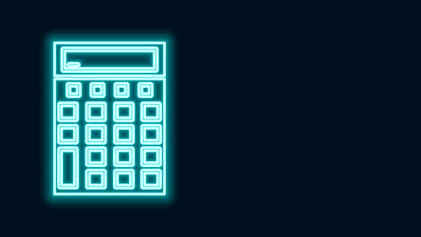 Icono de la calculadora de línea de neón brillante aislado sobre fondo negro. Símbolo contable. Cálculos de negocio matemáticas educación y finanzas. Animación gráfica de vídeo 4K - Metraje, vídeo