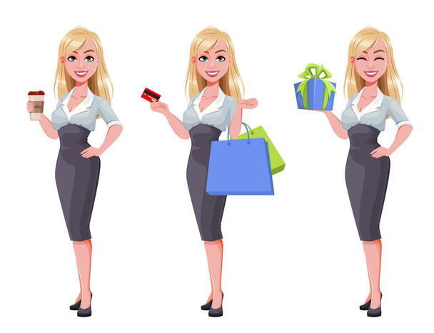 Business woman, set of three poses. Beautiful businesswoman cartoon character holding coffee, holding shopping bags and holding gift box. Vector illustration - Vector, Image