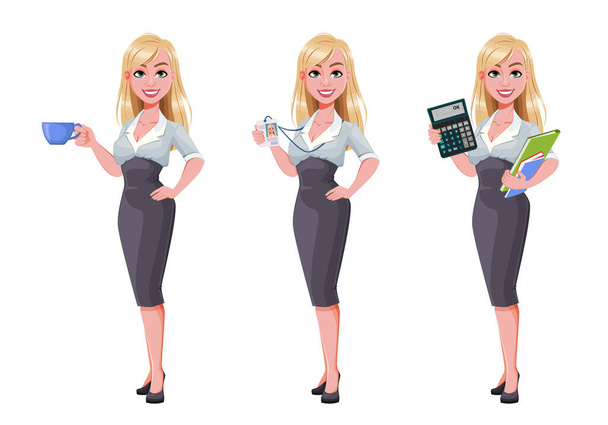 Zakenvrouw, stel van drie poses. Mooie zakenvrouw cartoon karakter met koffie, holding badge en het houden van rekenmachine. Vectorillustratie - Vector, afbeelding