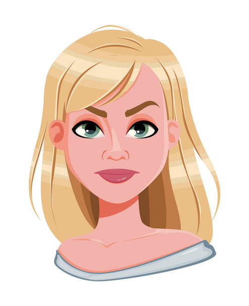 Facial expression of pretty woman, disappointed. Female emotion. Cute cartoon character. Vector illustration on white background. - Vector, Image