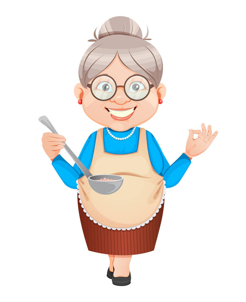 Grandma cartoon character tasting food. 8 March, Happy Grandparents Day. Old cute woman. Vector illustration. - Vector, Image