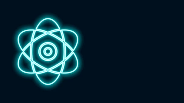 Светящаяся неоновая линия Икона Атома выделена на черном фоне. Символ науки, образования, ядерной физики, научных исследований. Знак электронов и протонов. Видеографическая анимация 4K - Кадры, видео