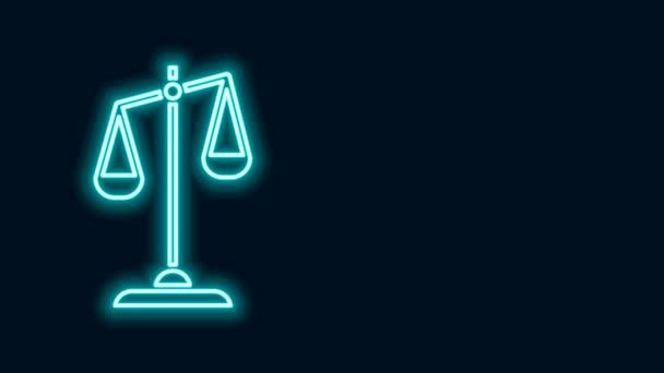 Linha de néon brilhante Escalas de ícone de justiça isolado no fundo preto. Símbolo do Tribunal de Justiça. Sinal da balança. Animação gráfica em movimento de vídeo 4K - Filmagem, Vídeo