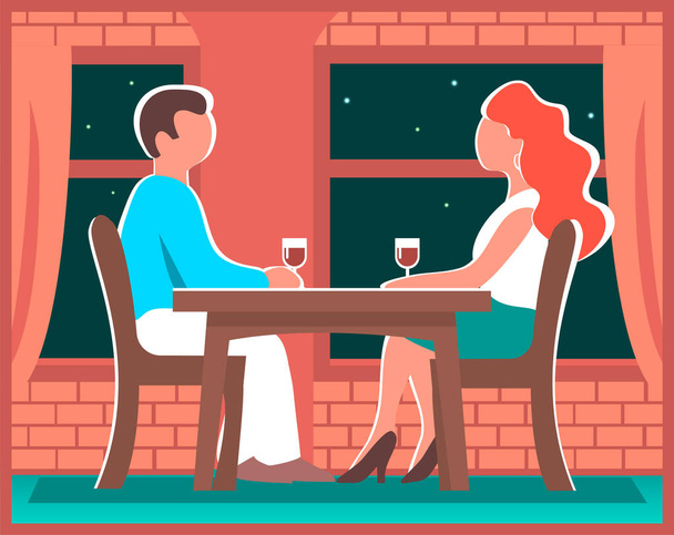 Un hombre y una mujer en una mesa en un café. Cena romántica con copas de vino. Acogedor interior. Ilustración vectorial de una pareja enamorada en un estilo plano. - Vector, Imagen