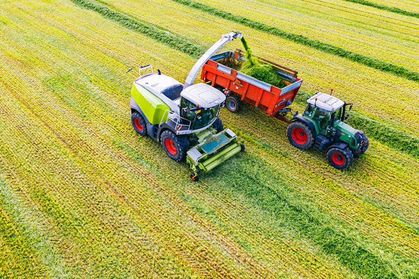 Vista aérea do drone da colheita. Combine colheitadeira e trator com transporte no campo. Colheita de culturas de Inverno - Foto, Imagem
