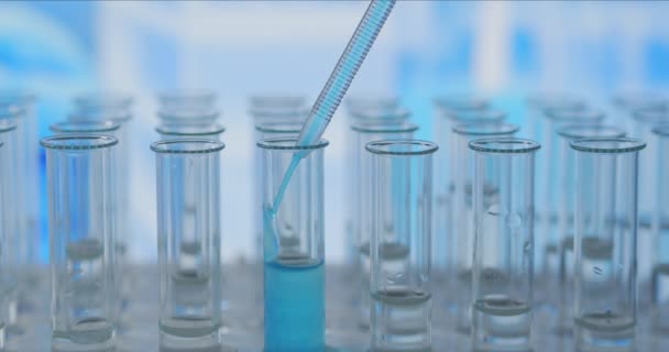 In a laboratory, a scientist with a pipette analyzes a colored liquid to extract the DNA and molecules in the test tubes. Concept: research, biochemistry, nature, pharmaceutical medicine - Footage, Video