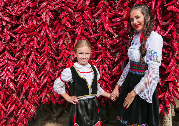 Κορίτσια ντυμένα με παραδοσιακά σερβικά βαλκανικά ρούχα, εθνική λαϊκή ενδυμασία. Τοποθέτηση κοντά σε παρτίδα κόκκινες πιπεριές πάπρικα. - Φωτογραφία, εικόνα