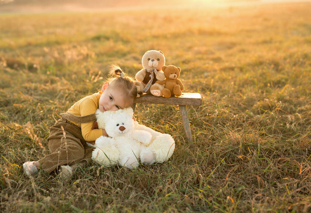 fille accueille le coucher de soleil avec ses amis, jouets mous. fille jouant avec un ours jouet. Fille étreint ses ours jouets - Photo, image