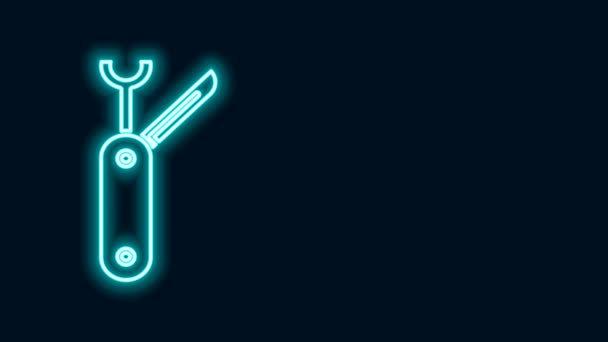 Linea neon incandescente icona del coltello svizzero isolato su sfondo nero. Coltello multiutensile multiuso. Strumento multifunzionale. Animazione grafica 4K Video motion - Filmati, video