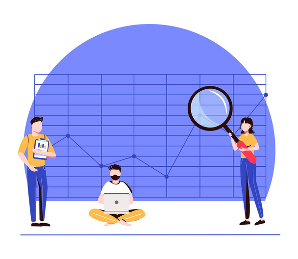 page template with man and woman with magnifying glass analyzing diagrams and graphs. Concept of statistical or financial data analysis. Modern flat vector illustration for website, banner. - Vector, Image