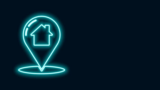 Világító neon vonal Térkép mutató ház ikon elszigetelt fekete alapon. Az otthoni helyzetjelző szimbólum. 4K Videó mozgás grafikus animáció - Felvétel, videó