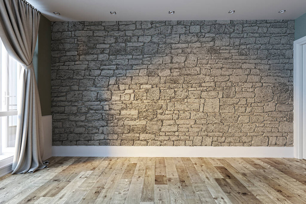 prázdný pokoj interiér dekorace dřevěné podlahy, kamenná zeď koncept. dekorativní zázemí pro bydlení, kancelář a hotel. 3D ilustrace - Fotografie, Obrázek