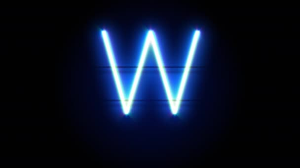 Neon-fontin kirjain W on keskellä ja häviää jonkin ajan kuluttua. Silmukka animaatio sininen neon aakkoset symboli - Materiaali, video