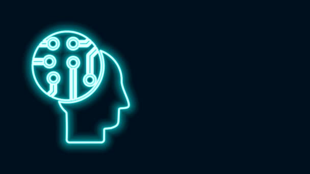 Zářící neonová čára Lidský mozek jako ikona desky digitálních obvodů izolované na černém pozadí. Obrys lidské hlavy s obvody uvnitř. Grafická animace pohybu videa 4K - Záběry, video