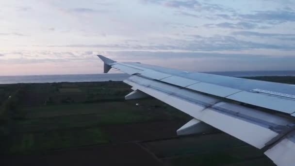 Zeitraffer-Aufnahmen von Flugzeugflügeln, während sich Flugzeug bei der Landung vorwärts und rückwärts bewegt - Filmmaterial, Video