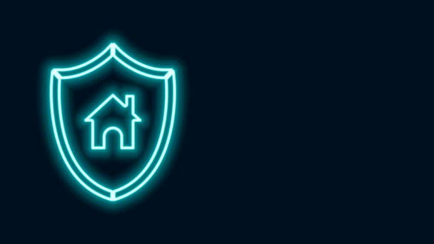 Gloeiende neon lijn Huis met schild pictogram geïsoleerd op zwarte achtergrond. Verzekeringsconcept. Beveiliging, veiligheid, bescherming, bescherming concept. 4K Video motion grafische animatie - Video