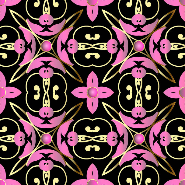 Floral seamless pattern. Ornamental ethnic style background. Repeat vector backdrop. Vintage pink ornaments. Elegance flowers, lines, shapes, leaves, 3d buttons. Beautiful ornate luxury design. - Vetor, Imagem