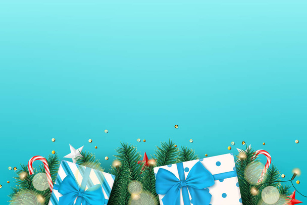 Fond de bannière de Noël avec des cadeaux réalistes boîte ruban et branches de pin. - Vecteur, image
