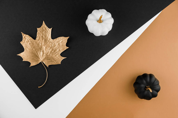 Autumn season abstract background. Fall golden leave and pumpkins on black and white background. Thanksgiving day, seasonal concept. Copy space. - Φωτογραφία, εικόνα