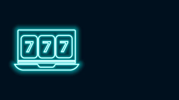 Zářící neon line Online hrací automat s ikonou jackpot štěstí sedmičky izolované na černém pozadí. Online kasino. Grafická animace pohybu videa 4K - Záběry, video