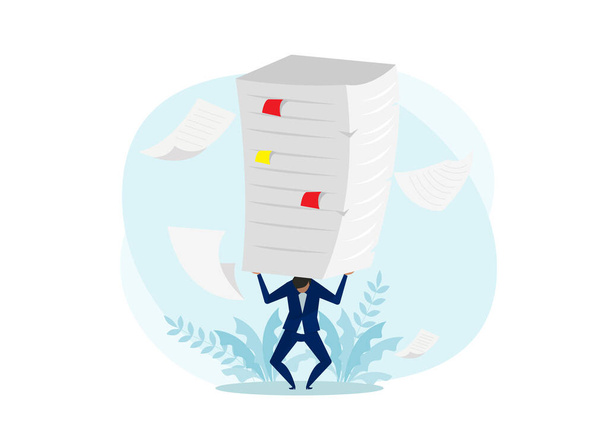 Hard work  concept,Businessman In Suit Bent Over Carrying A Stack Of Documents On His Back Vector. - Vector, Image