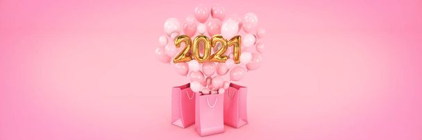 Torba i balony, liczby na Szczęśliwego Nowego Roku 2021. 3d renderowanie - Zdjęcie, obraz