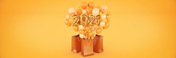 bag and balloons, numbers for Happy New Year 2021. 3d rendering - Photo, Image
