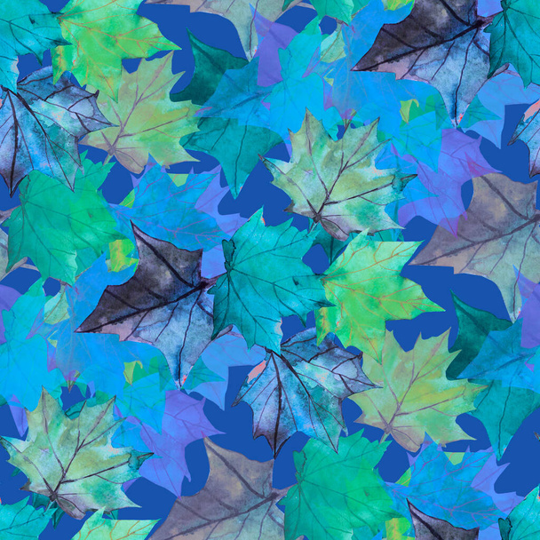 Seamless pattern of autumn maple leaves.Textile design.Art.Picture on white and colored background. - Foto, Imagen