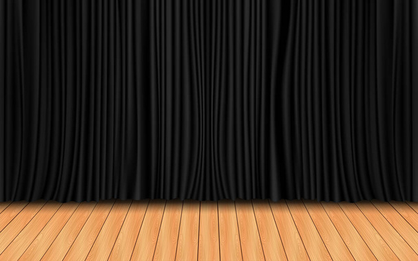 cortina negra en el escenario de madera en el pasillo - Vector, imagen