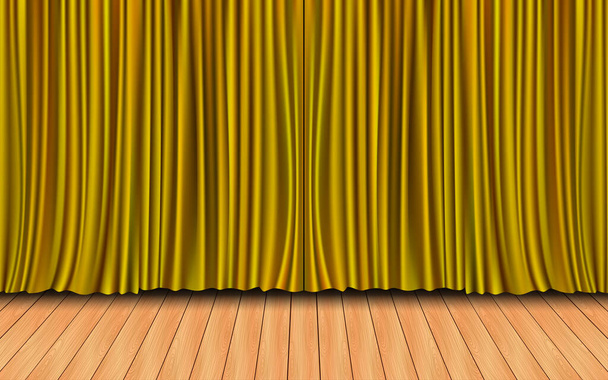 κόκκινη κουρτίνα στην ξύλινη σκηνή στην αίθουσα - Διάνυσμα, εικόνα