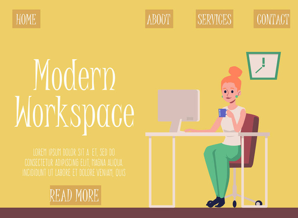Workspace website banner with woman working at desktop, flat vector illustration. - Vetor, Imagem