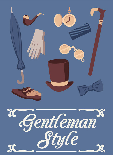 Gentleman style card with elements of mens outfit, flat vector illustration. - Vecteur, image