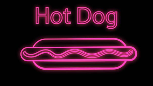 hot dog sobre fondo negro, ilustración vectorial. bollo con salchicha, ketchup. letrero de neón con la inscripción hot dog para restaurantes y cafeterías. rosa neón. decoración de comida rápida, iluminación publicitaria - Vector, imagen