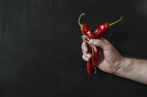 Το χέρι του ανθρώπου κρατάει δύο καυτερές κόκκινες πιπεριές. Δύο ώριμες πιπεριές τσίλι και χέρι σε μαύρο φόντο. Πάνω όψη υπό γωνία. Επιλεκτική εστίαση. - Φωτογραφία, εικόνα