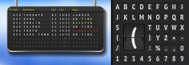 Letištní abeceda na tmavém pozadí. 3D letištní scoreboard se zrušenými lety z důvodu covid pandemie. Černý letový řád s odlety. - Vektor, obrázek