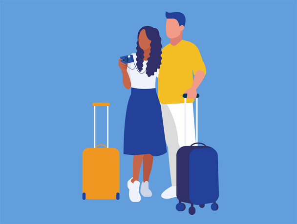 Journey of couple in love with suitcases and camera - Vector, Image
