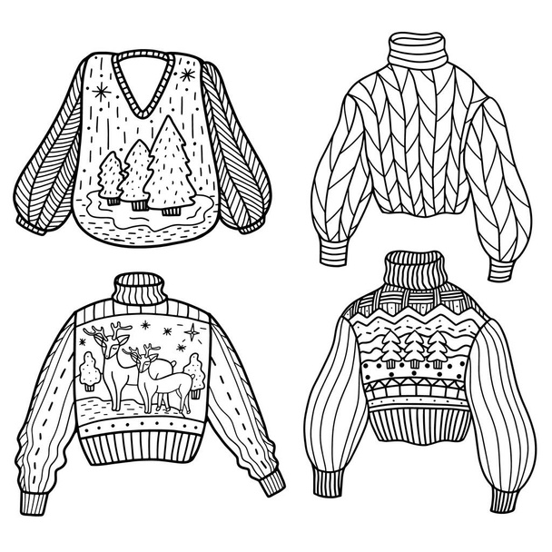Набір в'язаних светрів і перемичок ізольовані на білому тлі. Векторні ілюстрації в стилі Doodle. зимовий одяг
 - Вектор, зображення