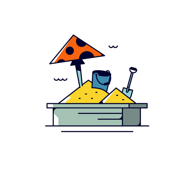 Children's sandbox icon. Vector. Illustration of a playground with toys. Allegory and metaphor of the learning area for children. Outline flat style. Illustration for website or print. - Vector, Image