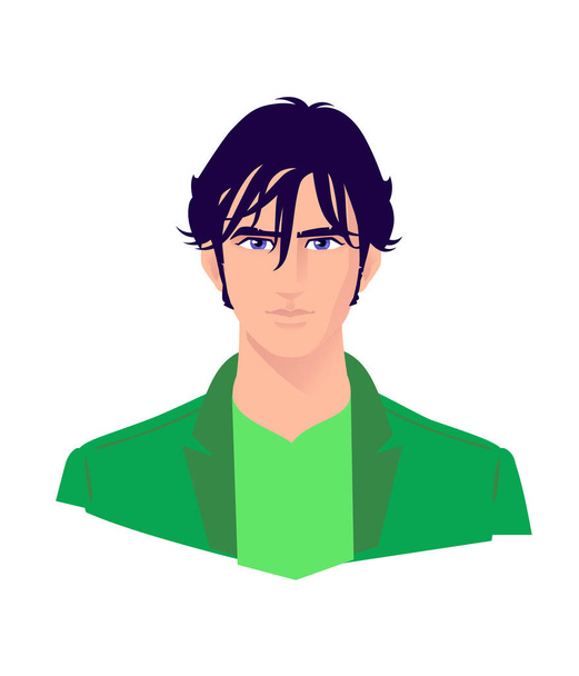 Genç ve şık bir adamın tasviri. Vektör. Yetişkin adam, reklam ve tasarım için çizgi film karakteri. Yeşil ceketli parlak anime. Profil avatarı. Bir film kahramanı.. - Vektör, Görsel