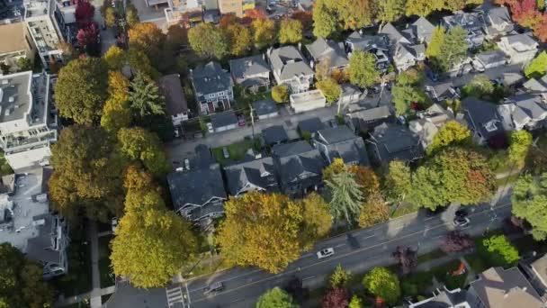 Voe sobre as casas de Vancouver com árvores verdes, laranja e vermelhas no dia ensolarado - Filmagem, Vídeo