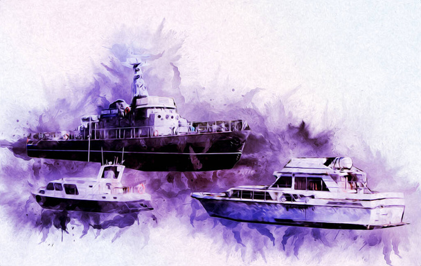 Парусные лодки, спрятанные в марина-арт иллюстрации винтажного ретро - Фото, изображение