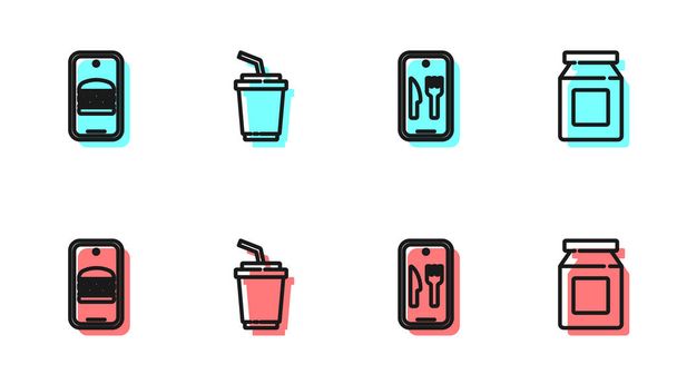 Set line Online ordering and delivery, , Paper glass with water and  icon. Vector. - Vector, Image