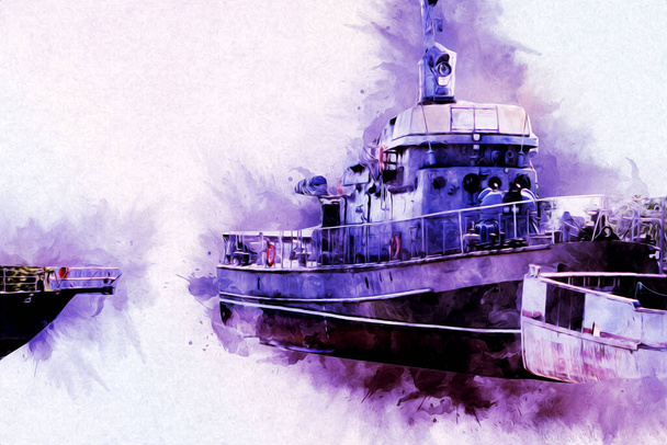 Военный корабль проходит через грубую атлантическую морскую иллюстрацию винтажного ретро-рисунка - Фото, изображение