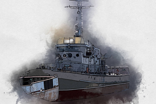 Στρατιωτικό πλοίο περνά μέσα από την τραχιά ατλαντική θάλασσα εικονογράφηση ρετρό τέχνη σχέδιο - Φωτογραφία, εικόνα
